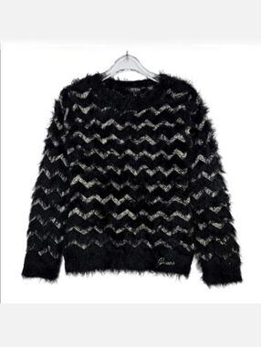 Guess Girls Black & Gold Zigzag Chevron Eyelash Sweater, Size 6 ~ EUC